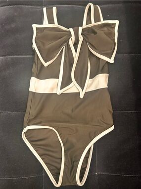 Black One-Piece Swimsuit with White Trim and Bow